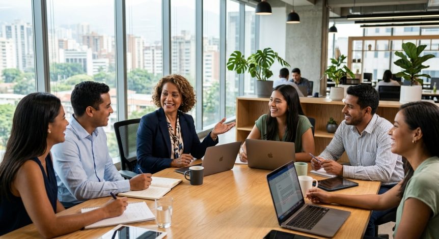 Equipo de trabajo latino colaborando en una oficina moderna durante una sesión de liderazgo empresarial.