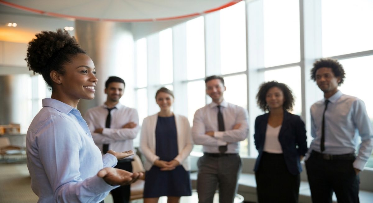 Líder profesional dando una presentación motivadora a su equipo de trabajo en una oficina moderna.