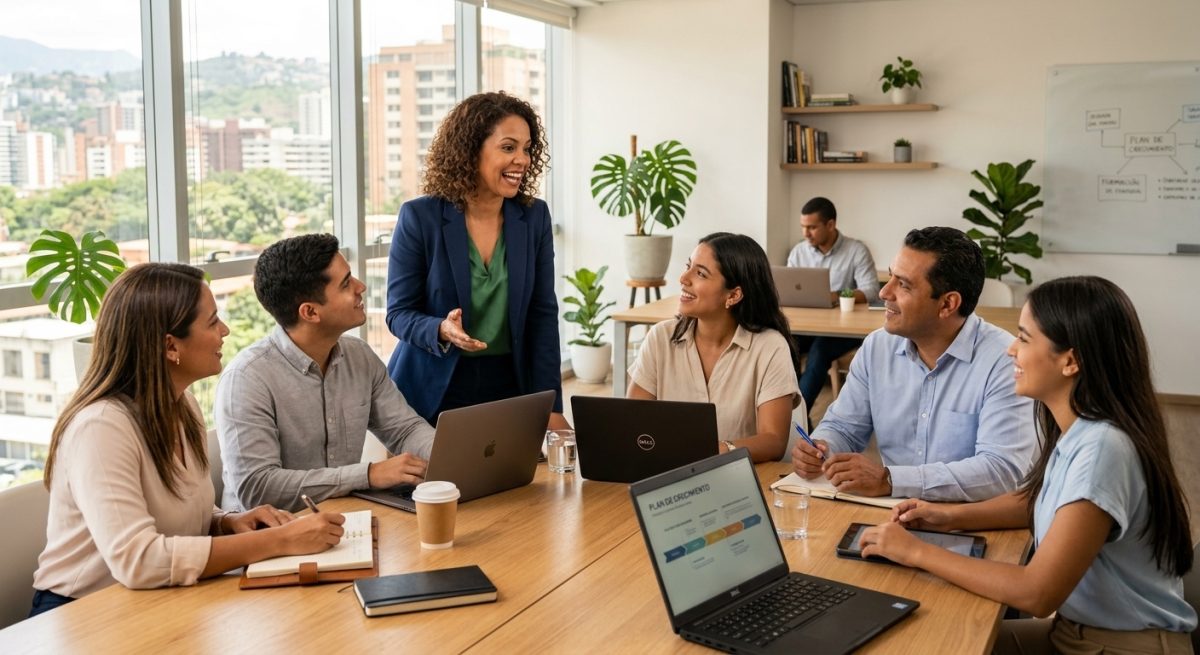 Grupo de profesionales latinos colaborando con laptops en una capacitación corporativa moderna.