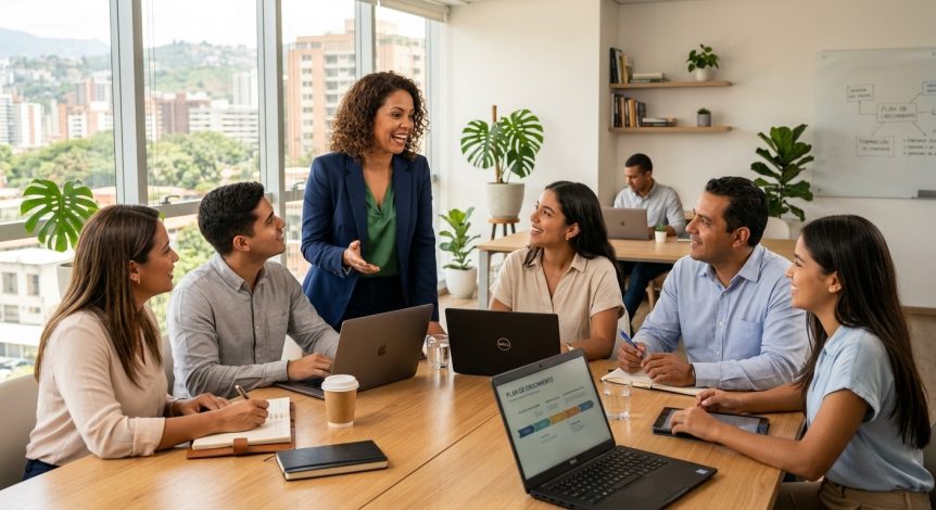 Grupo de profesionales latinos colaborando con laptops en una capacitación corporativa moderna.